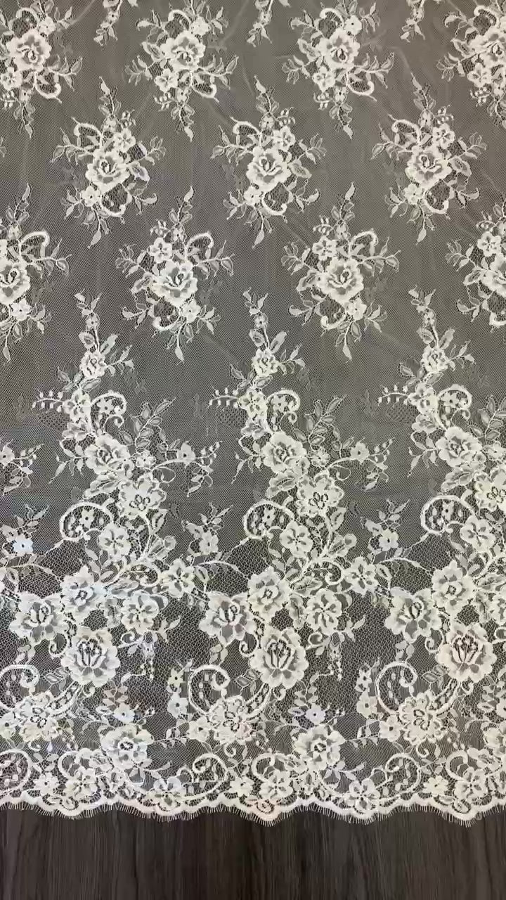 Corded Chantilly French Lace: White Scattered Rose Bouquet Clusters with Scrolling Cartouche Scalloped Border, 3 Meters