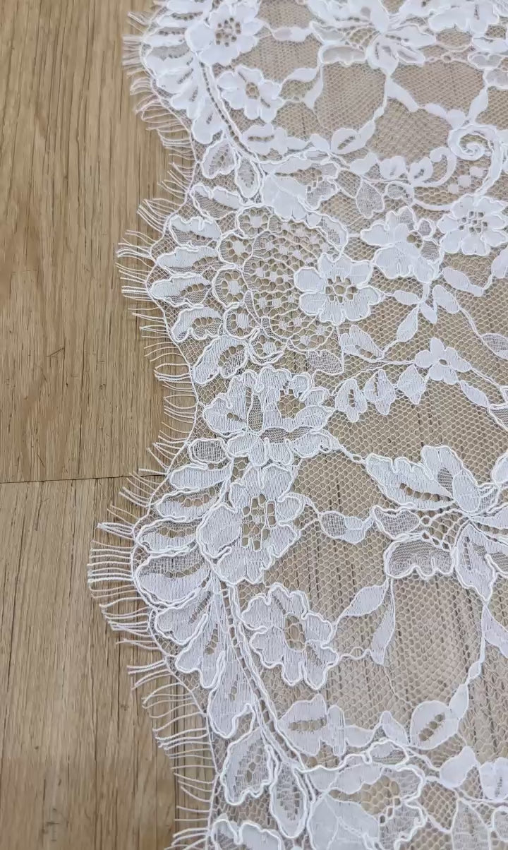 Corded Chantilly French Lace: White Allover Floral Trellis with Scalloped Border, 3 Meters
