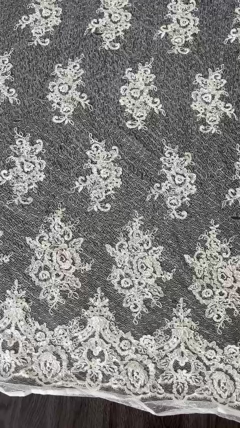 Corded Chantilly French Lace: Ivory Floral Bouquet Clusters on Point d'Esprit Tulle with Scrolling Arch Border, 1 Meter