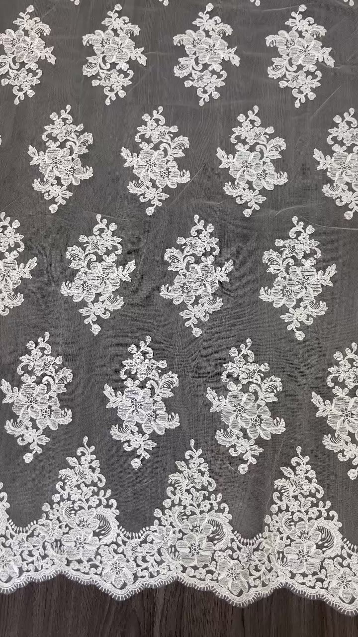 Corded Chantilly French Lace: White Large Floral Medallions in Diamond Grid with Chevron Arch Border, 1 Meter