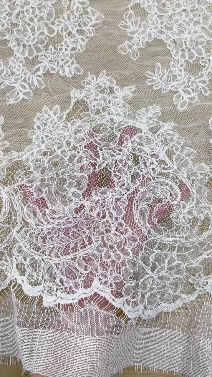Corded Chantilly French Lace - White, Allover Scattered Floral Bouquets, Double Scalloped Border, 3 Meters