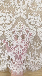 Corded Chantilly French Lace: White Baroque Damask Ogee Allover with Eyelash Scalloped Border, 3 Meters