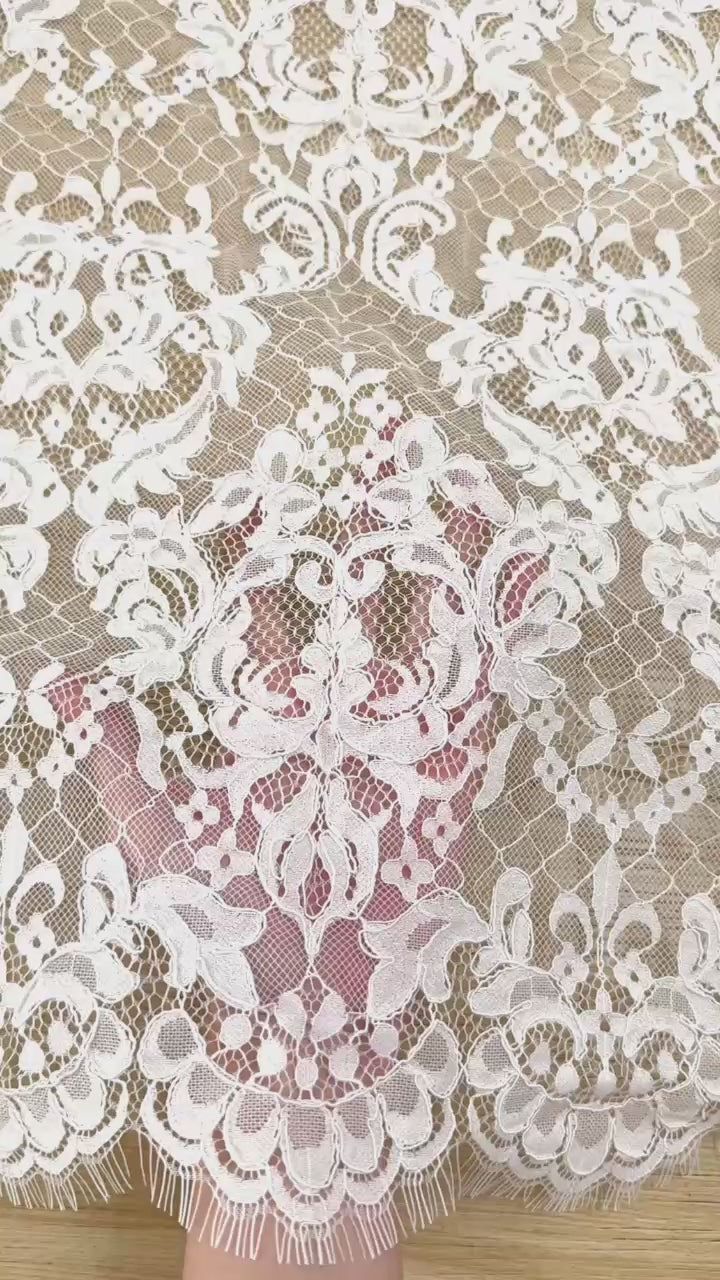 Corded Chantilly French Lace: White Baroque Damask Ogee Allover with Eyelash Scalloped Border, 3 Meters