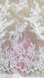 Chantilly French Lace: White Scattered Delicate Floral Sprigs with Floral Petal Scalloped Border, 3 Meters
