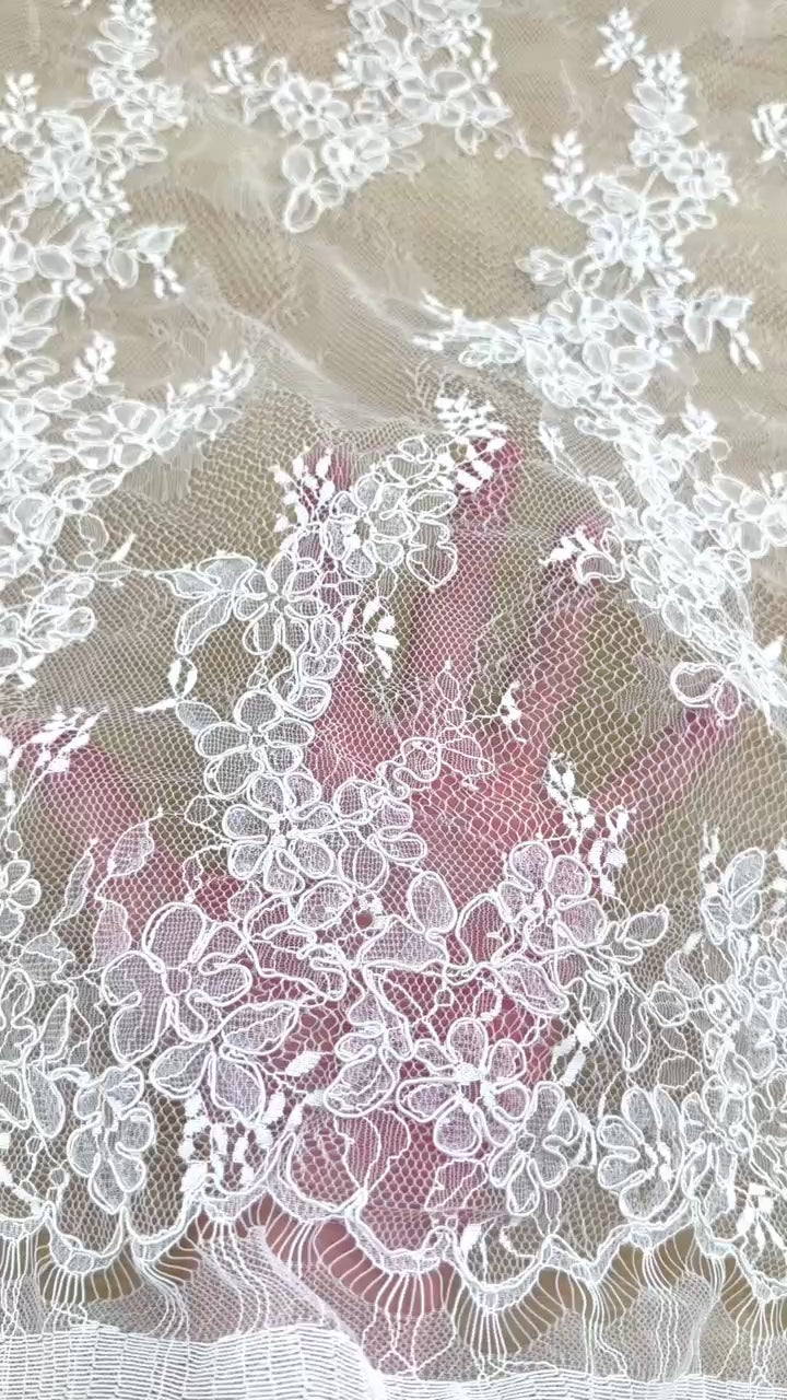 Chantilly French Lace: White Scattered Delicate Floral Sprigs with Floral Petal Scalloped Border, 3 Meters