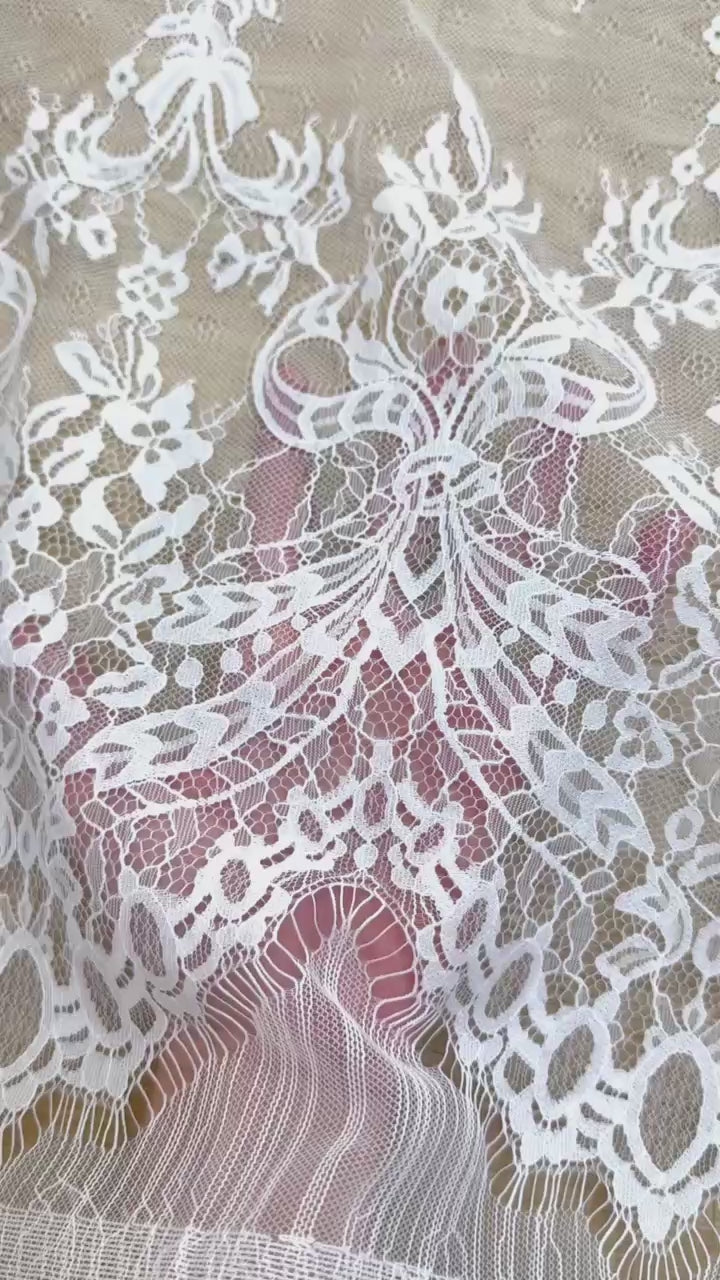 Chantilly Lace: White Ribbon Bow Floral Bouquet Grid with Ornate Arch Openwork Border, 3 Meters