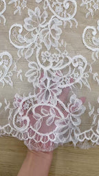 Corded Chantilly French Lace: White Baroque Scroll Floral with Eyelash Scalloped Border, 3 Meters